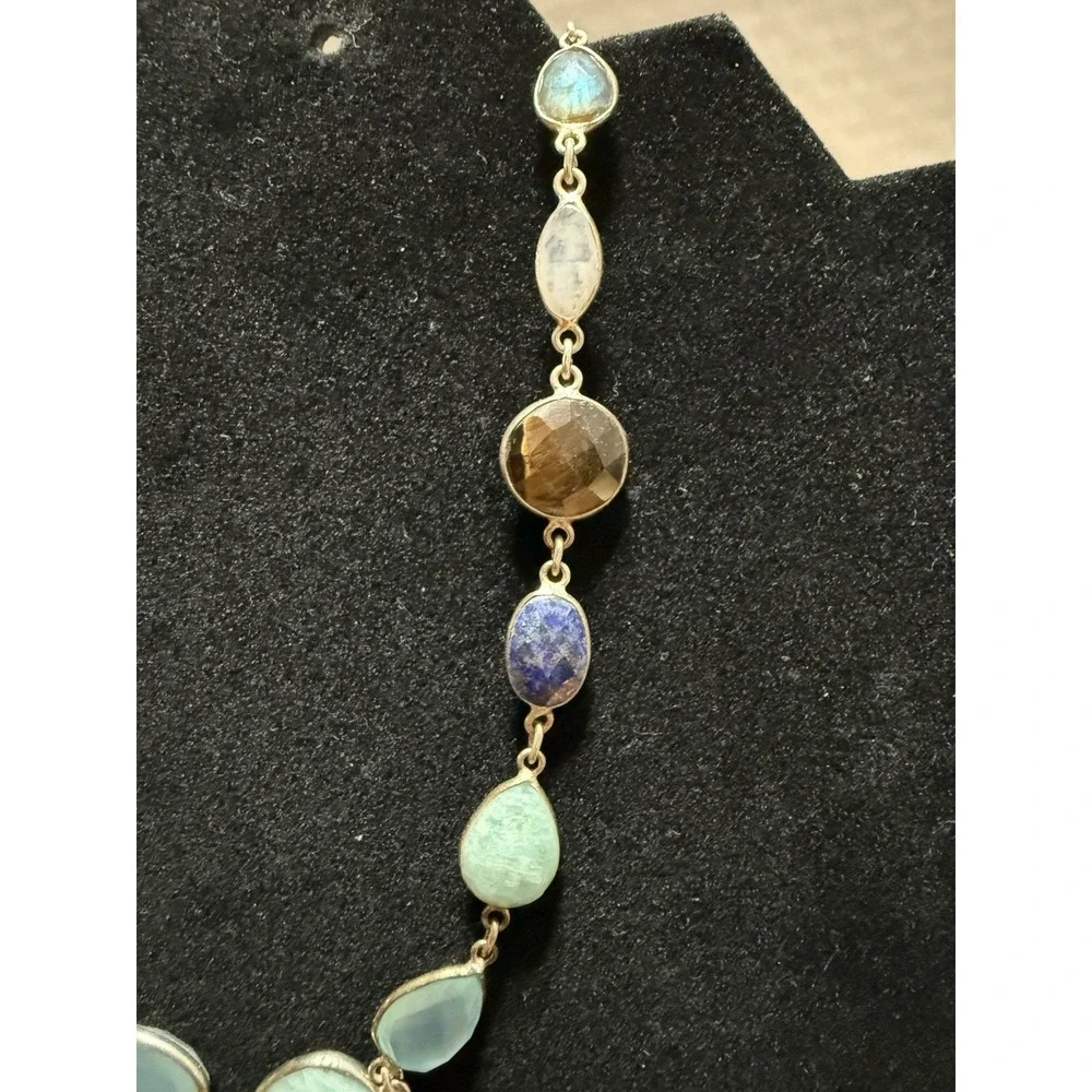 Sterling Silver multi Genuine Stones Faceted Necklace 925 Lapis Smoky Quartz 14